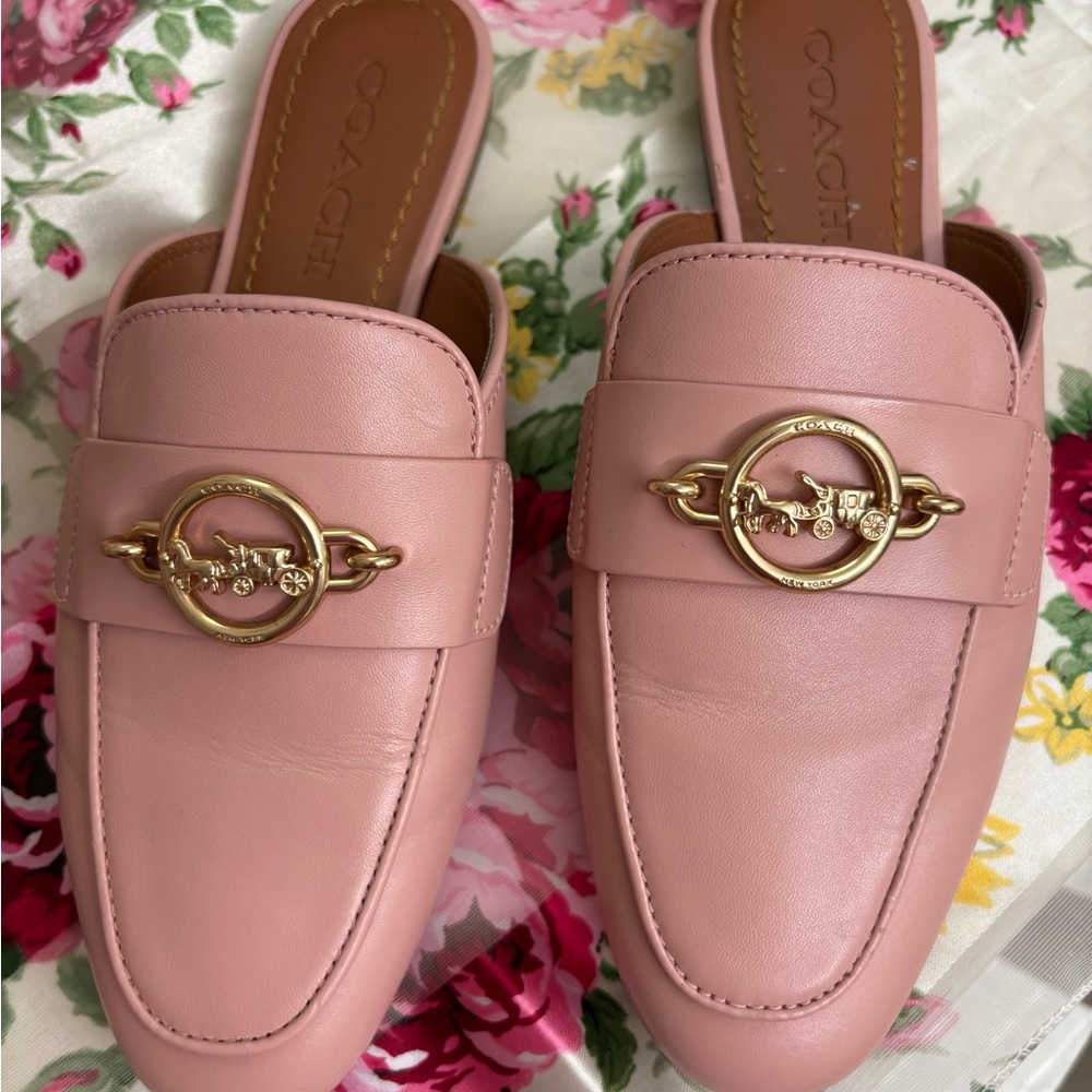 Coach Pink Leather Mules with Gold Accent